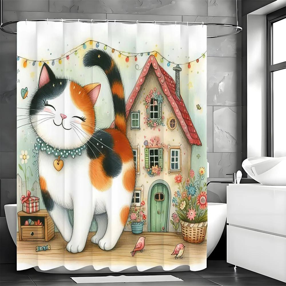 Cute Cartoon Cat House Floral Colorful Lights Shower Curtain, Bathroom Decorative Shower Curtain, Waterproof Shower Curtain with