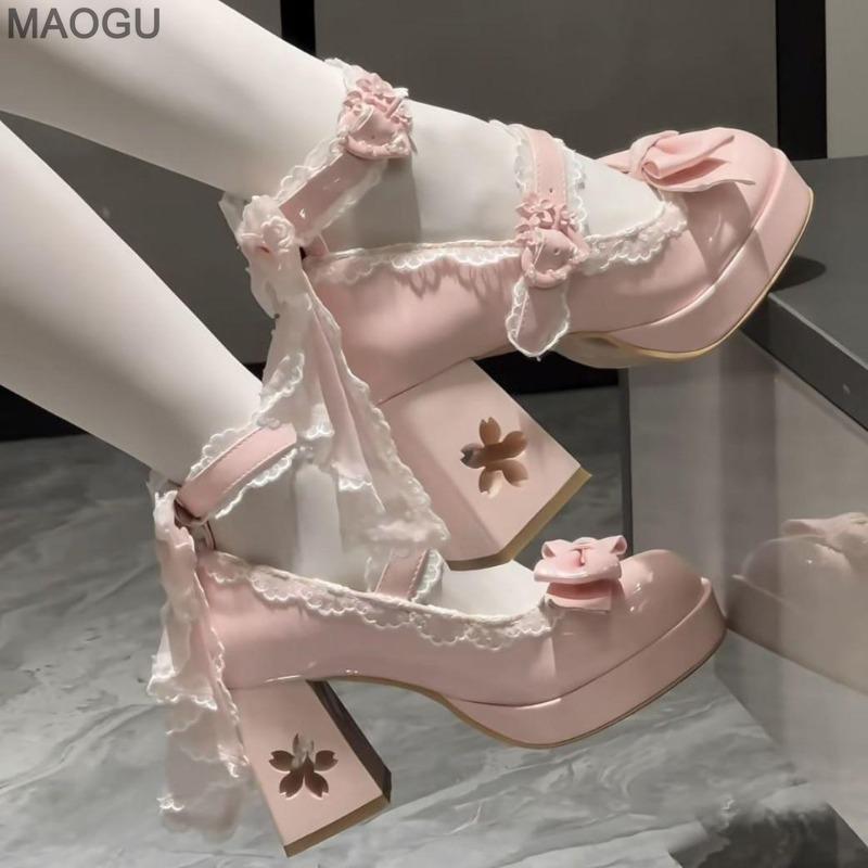 Schöne Mädchen Rosa Lolita Schmetterlingsknoten High Heels Plateau-Schuhe für Damen Süßes Sakura Kleid Mary Janes Beige Größe 34-42