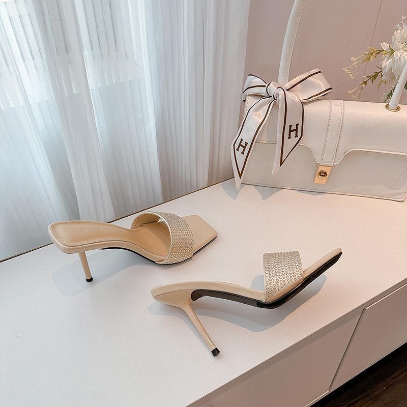 2025 Summer New Poplar Forest Rhinestone Square Head High Heels Sexy Thin Heel with Roman Cool Slippers Women