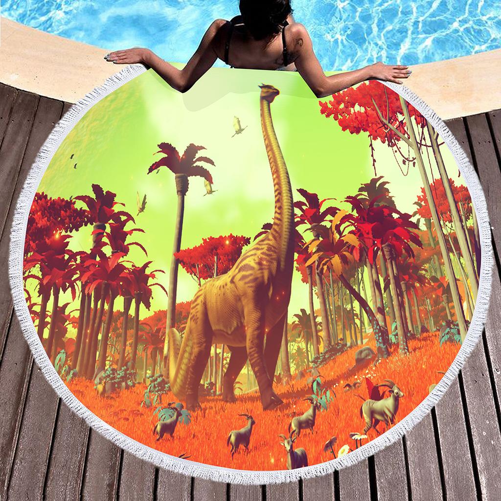 Cartoon Dinosaur Beach Towel with Tassels Polyester Sand Resistant Round Beach Blanket,Quick Dry Pool Towel Portable Picnic Mat