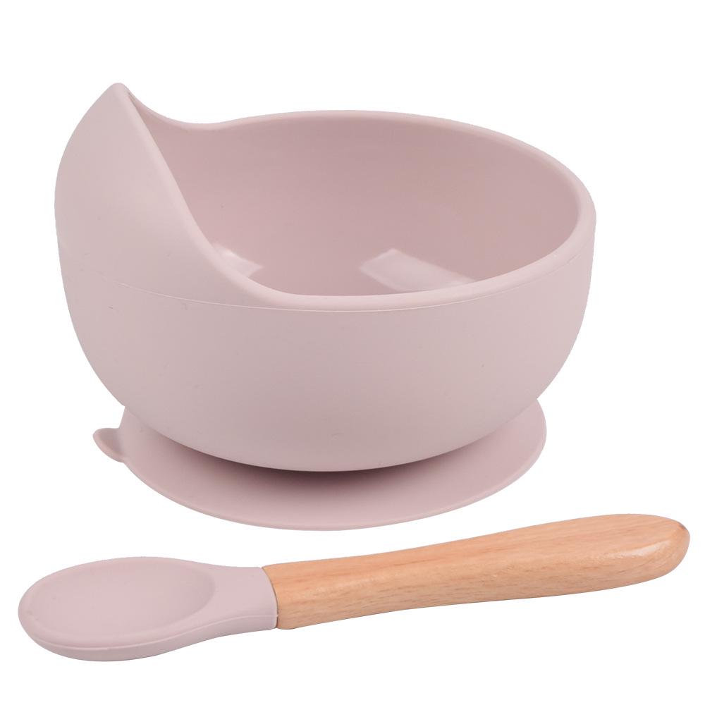Silicone Baby Bowl & Spoon Set with Wooden Handle and Suction Cup