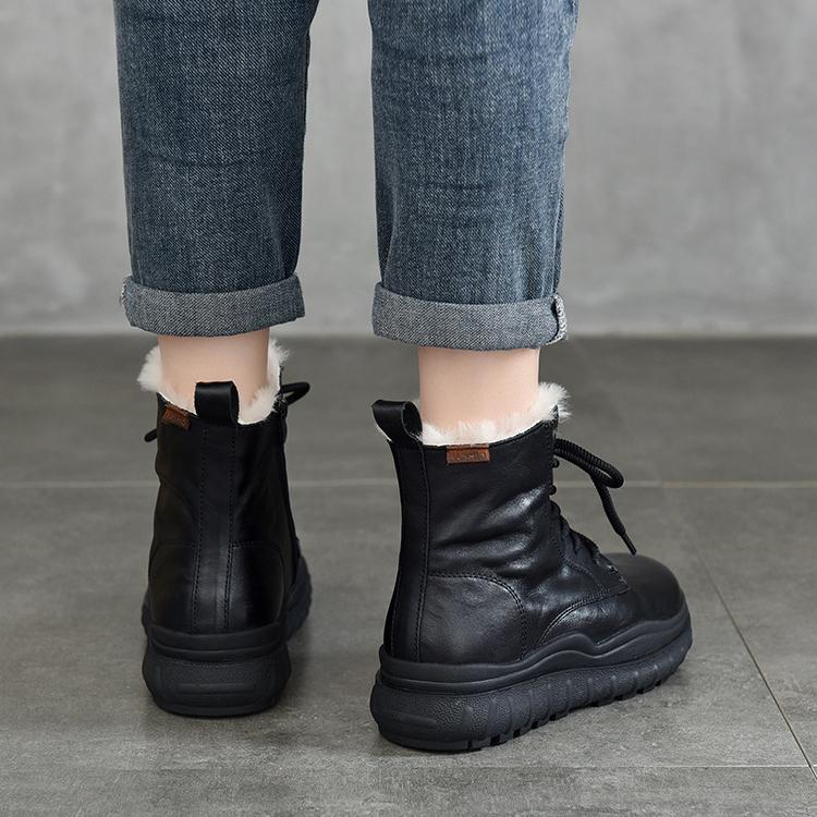 Johnature Thick Sole Wool Boots Thickened Warm Cotton Boots Genuine Leather Retro Women Short Boots