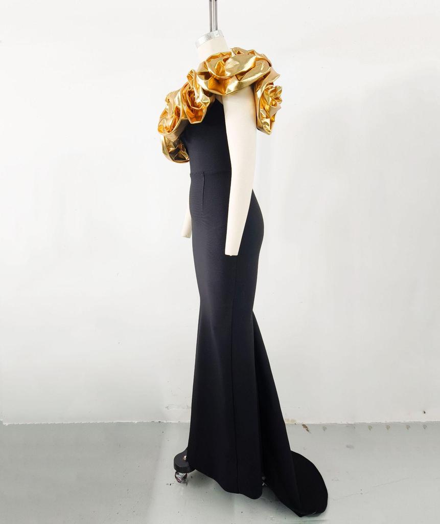 Elegant One-Shoulder Gold Flower Women's Banquet Dress (2026)