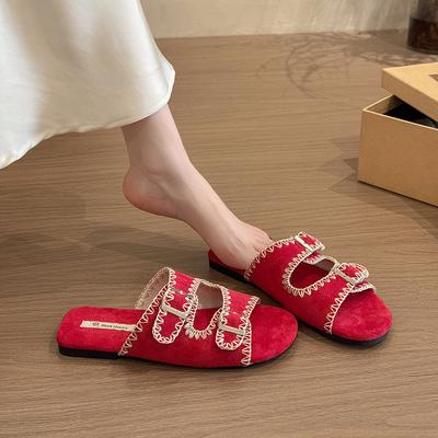 Korean Flat-bottomed French Cool Slippers Outer Wear 2025 Summer New Outer Wear Belt Buckle Birken Beach One-word Slippers
