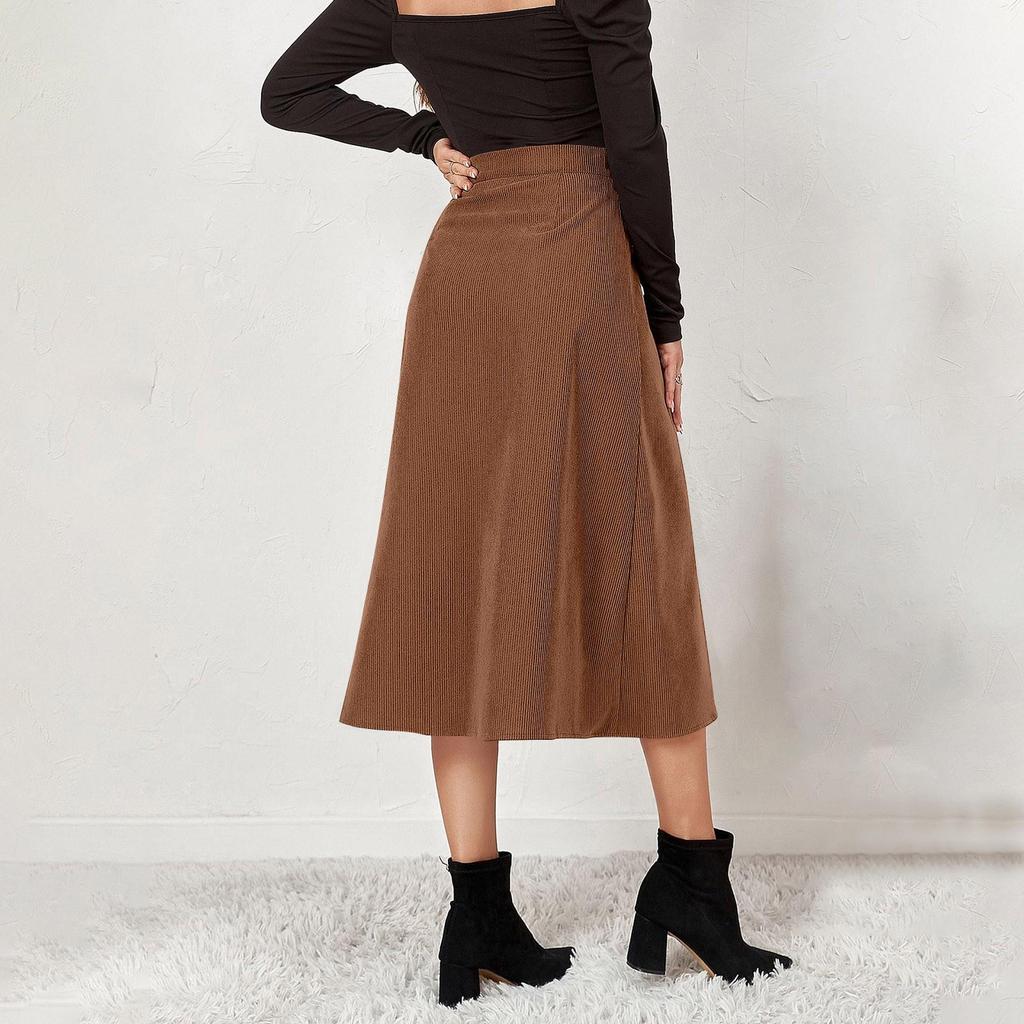 Women's Corduroy Skirt Single Breasted High Waisted Long Skirt