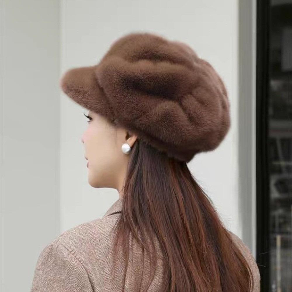Thick Warm Imitation Mink Beret Solid Color Cloud Hat Cozy Peaked Cap  Winter