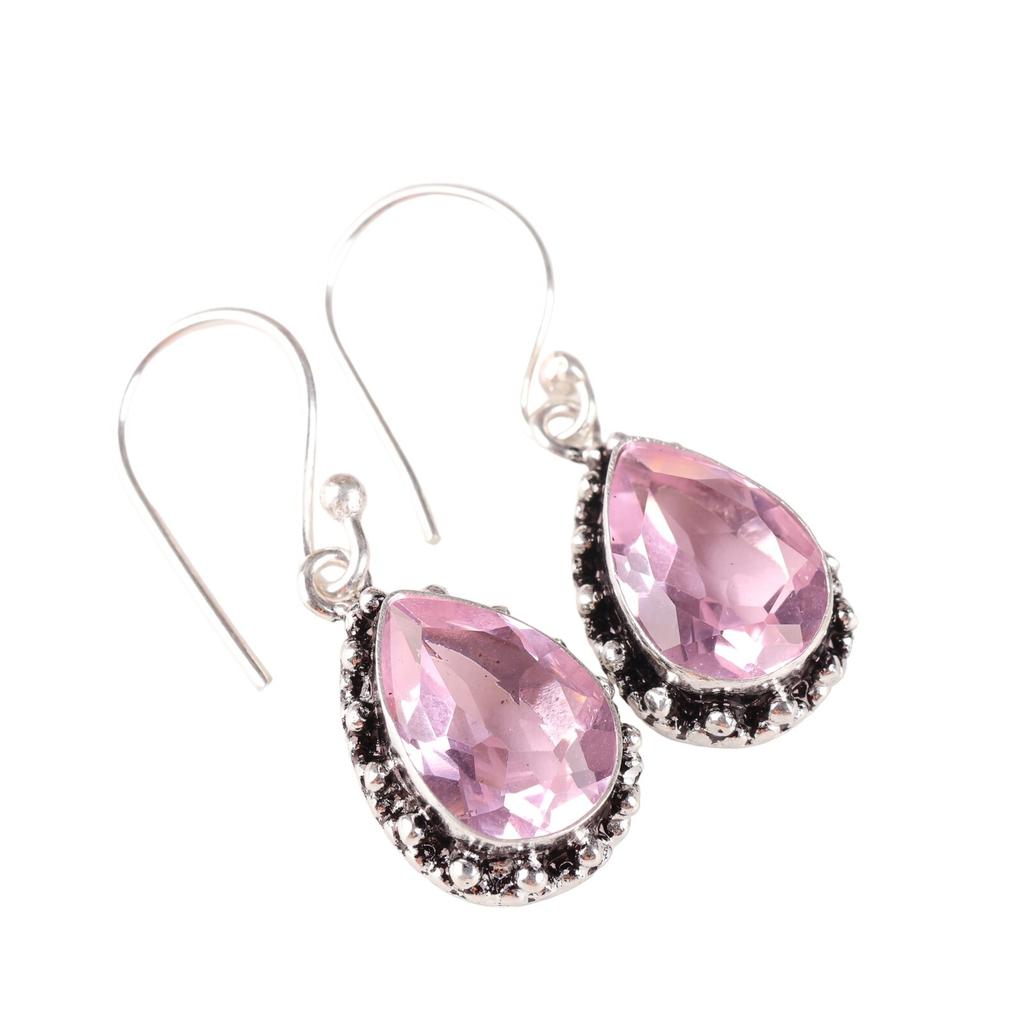 Morganite Gemstone 925 Sterling Silver Handcrafted Drop/Dangle Earrings 1.41" EE-97-12