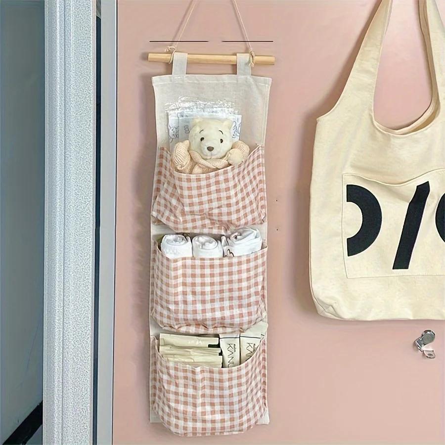 

Multi-pocket Hanging Pink Checkered Storage Bag Fabric Hanging Bag Cute Pink Space Saving Style Bedroom Organizers and Storage 3 cells