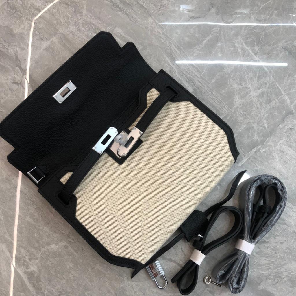 Niche Design New Bag Canvas with Cowhide Crossbody Bag Underarm Messenger Bag Casual Lock Leather Women's Bag
