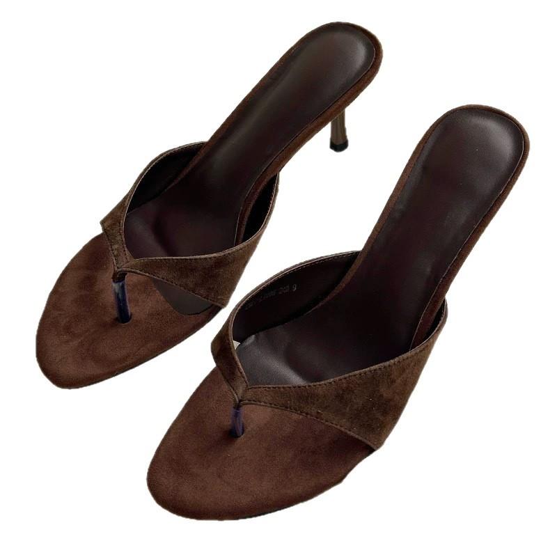 Cowhide version ~ French temperament thin heel clip-toe flip flops women wear the new summer 2025 summer slippers high heels