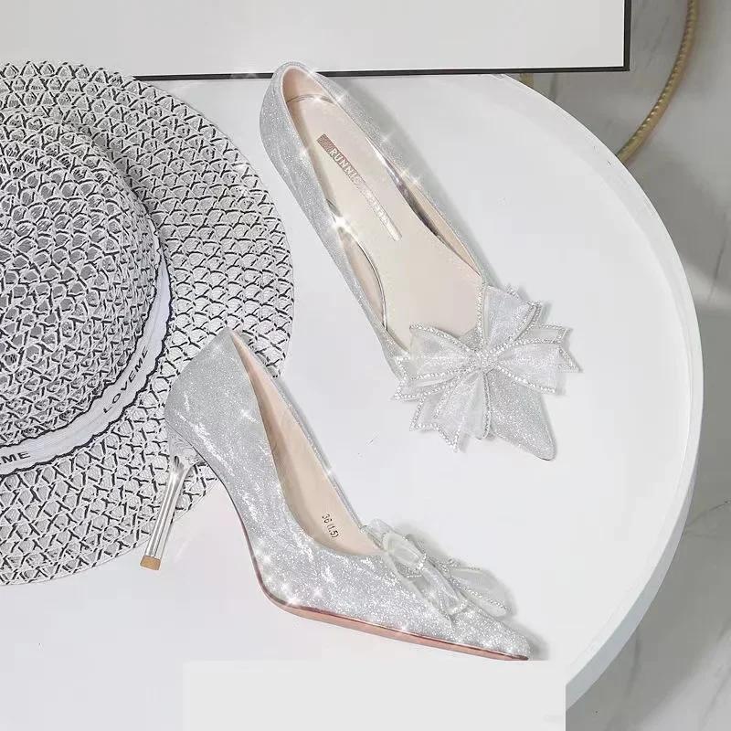 Moda Damskie Czółenka But Kopciuszek Cyrkonie Wysokie Obcasy Kobiety Szpiczasty Nosek Kokarda But Kryształowe Buty na Imprezę Ślubne Zapatillas Mujer