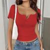 Women's V Neck Short Sleeve Ribbed Crop Top Slim Fit Elegant Lace Trim Button Down Tee Shirt