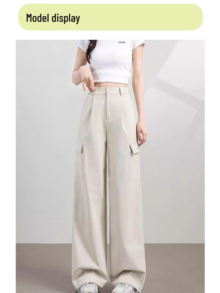 Women's 2025 Spring High-Waist White Wide-Leg Cargo Joggers