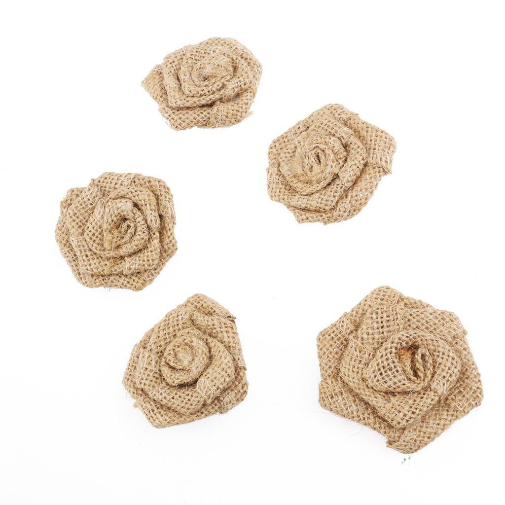 5Pcs Artificial Burlap Rose Flowers Light Brown 6Cm Decorative Roses for Wedding Christmas Party Home Garden Decoration Hessian