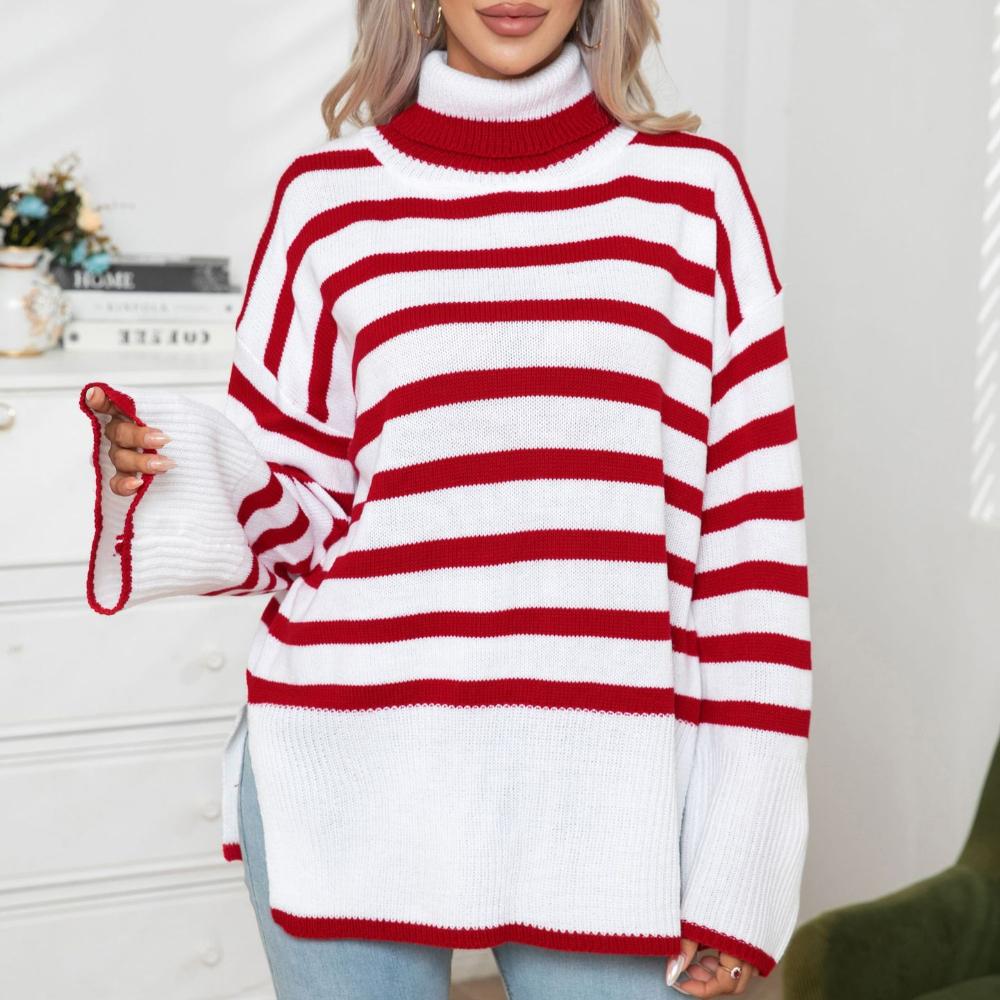 

IHUASU Женский полосатый свитер средней длины с разрезом по бокам и высоким воротом, женский свободный свитер на осень и зиму XL красный