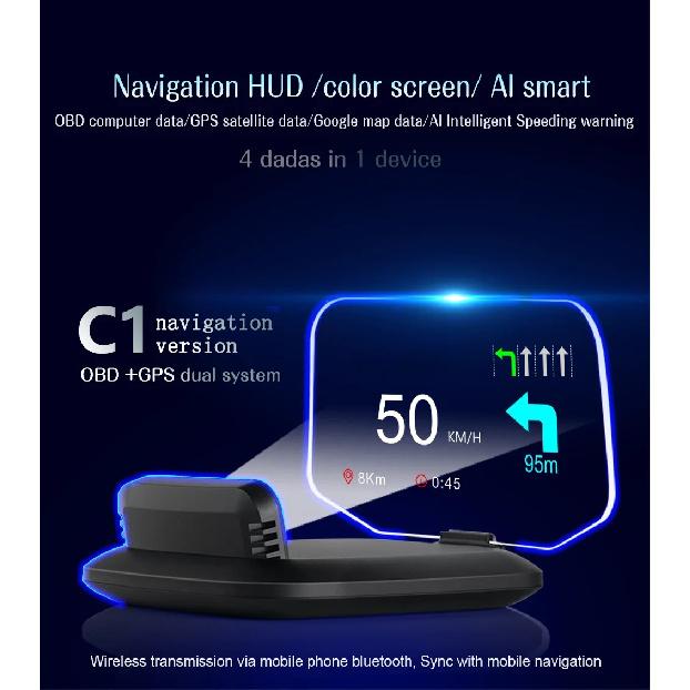 C1 Navigation Windshield Projection OBD2+GPS Head Up Display with Real-time Navigation Water Oil Temp RPM Turbo Press Display