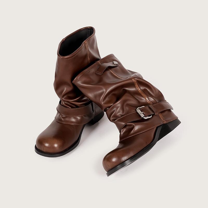 Autumn New Western Cowboy Boots Women's Pleated Pile Martin Boots Brown Retro Fashion Thick Heel Pants Boots