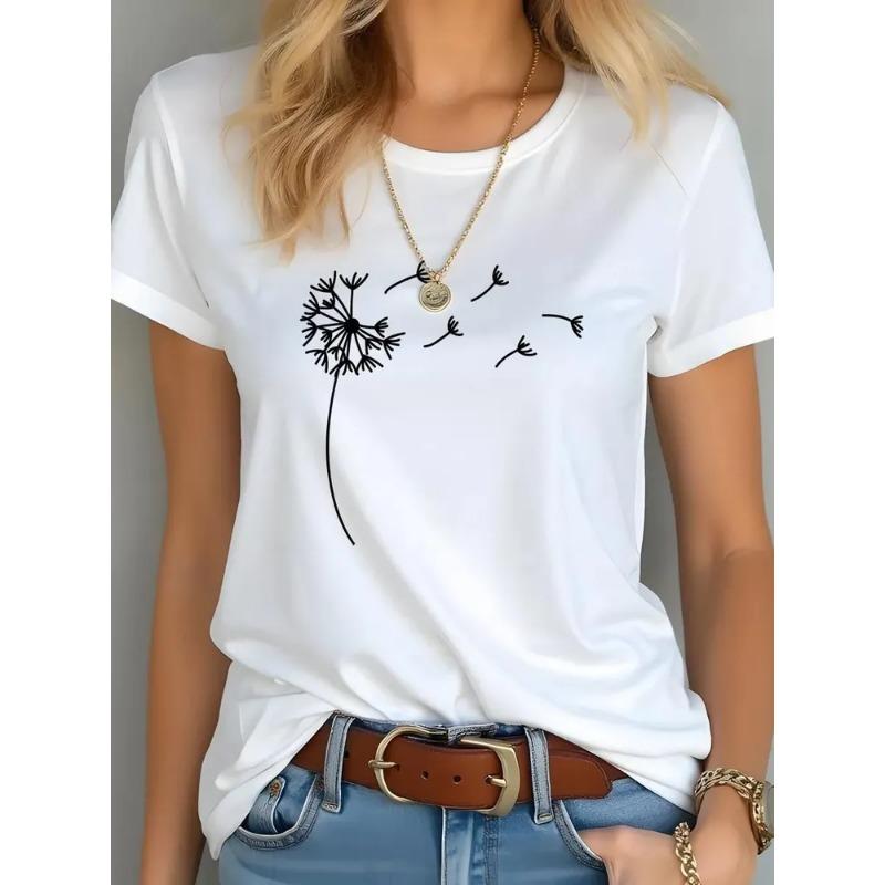 Summer Round Neck Flower Printed Top Fashionable Casual Short Sleeved Women's T-shirt