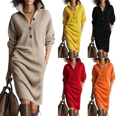 Abito da donna, Abito maglione al ginocchio, Abito lungo lavorato a maglia a maniche lunghe e largo a tinta unita