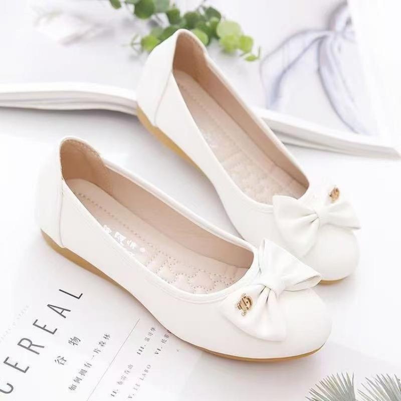 

Versatile shallow mouth single shoes women s autumn new bow round head soft leather soft sole pregnant women flat shoes 35 белый