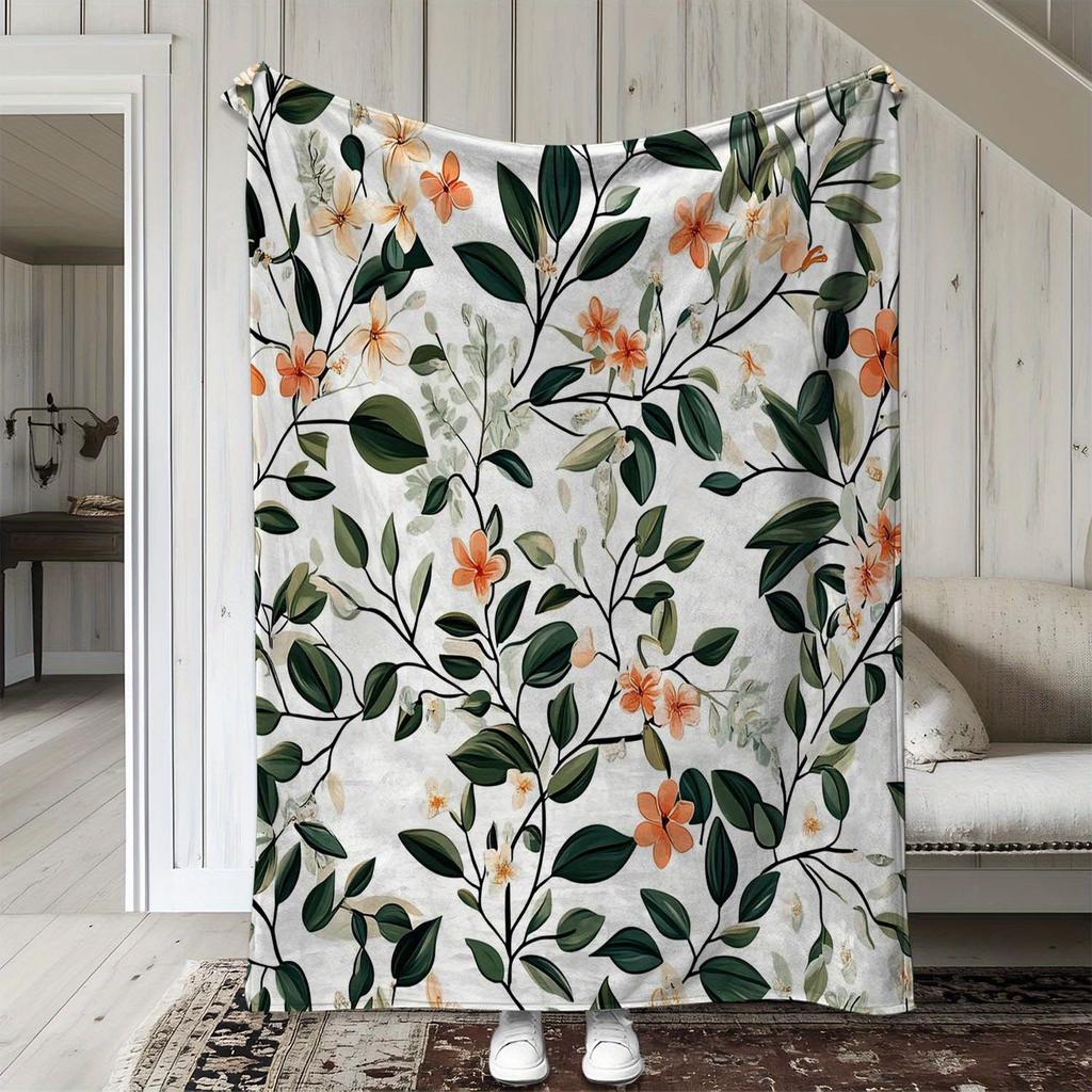 1pc Vintage Floral Leaf Print Blanket - Polyester fabric, machine washable, suitable for sofa, bed, car, office and camping