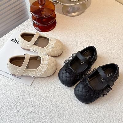 Sapatos Baixos para Meninas Renda Doce Bico Redondo Sapatos de Couro para Crianças Preto Fosco 2025 Novos Sapatos de Princesa para Meninas Cor Sólida Ins Tendência Fofo
