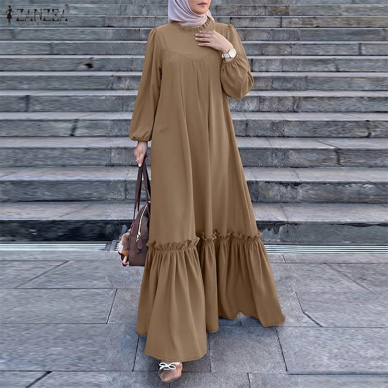 ZANZEA Women Muslim Casual Round Neck Solid Color Long Sleeve Loose Long Dress