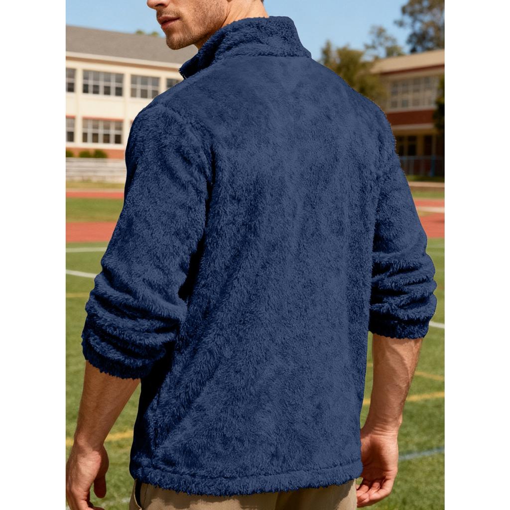 Men's Casual Solid Color Stand-up Collar Fleece Jacket, Men's Loose Zipper Long-sleeved Fleece Jacket