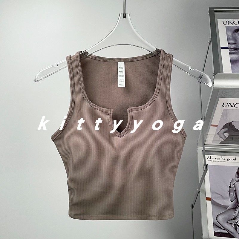 

Rib Semi-Fixed Water Drop V-neck Sexy Yoga Sports Underwear Vest Training Fitness Dark brown XL