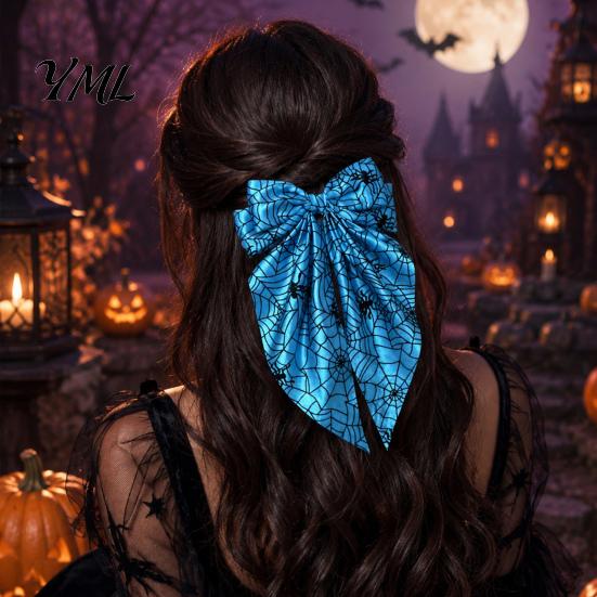 Holiday Themed Hair Accessories for Women Halloween Bow Clip Girls, Spider Web Barrettes Chic Satin Bows with Streamers Clips, Large Bowknot