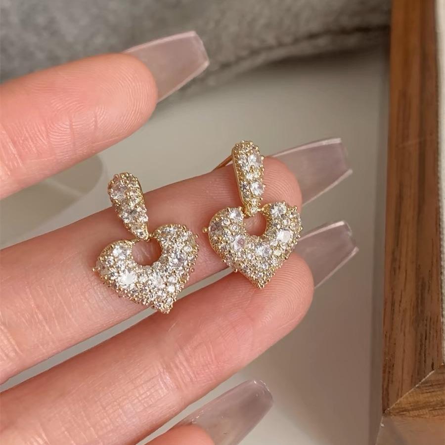 French Micro-Pavé Diamond Heart Stud Earrings: Elegant, Luxurious, Versatile, High-End Design.