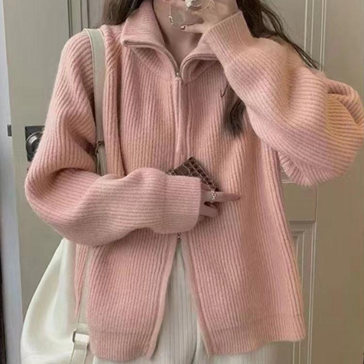 Spring Autumn Casual Double Zipper Sweater Jacket for Women Long Sleeve Knit Sweater Women Retro Lapel Zip-up Knit Cardigan Loose Thickened Outerwear
