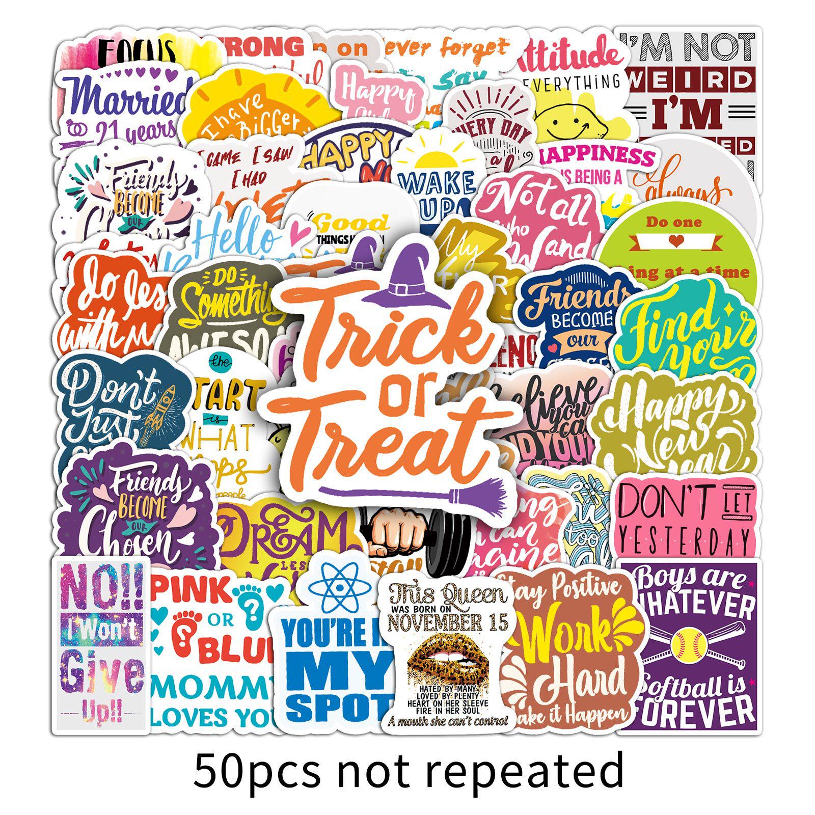 50 Motivational Waterproof Stickers with Personalized Slogans for Suitcases, Notebooks, and Journals