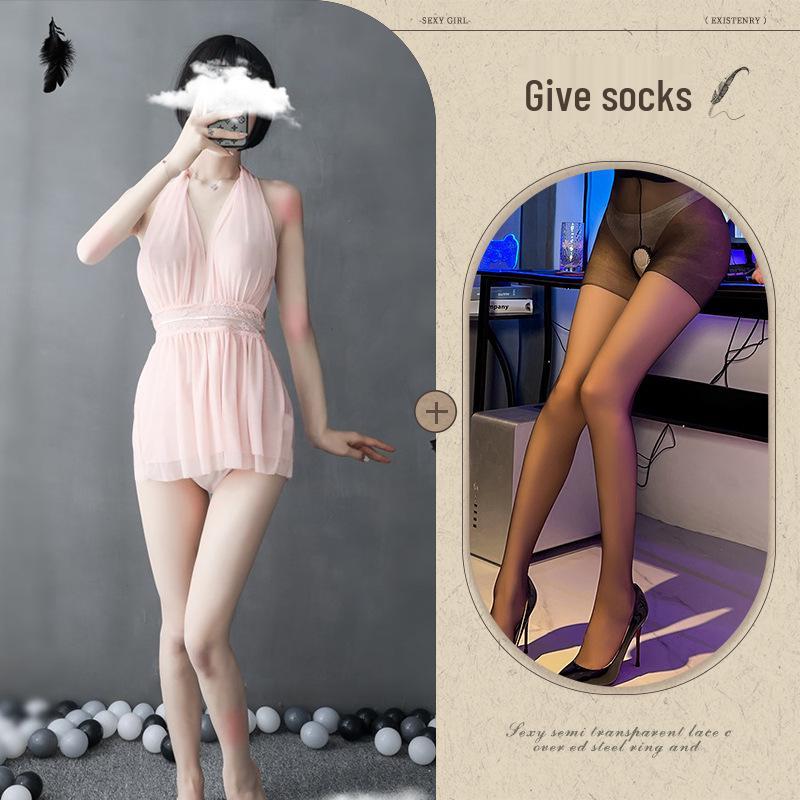 European-American Deep V Backless Mesh Halter Nightdress