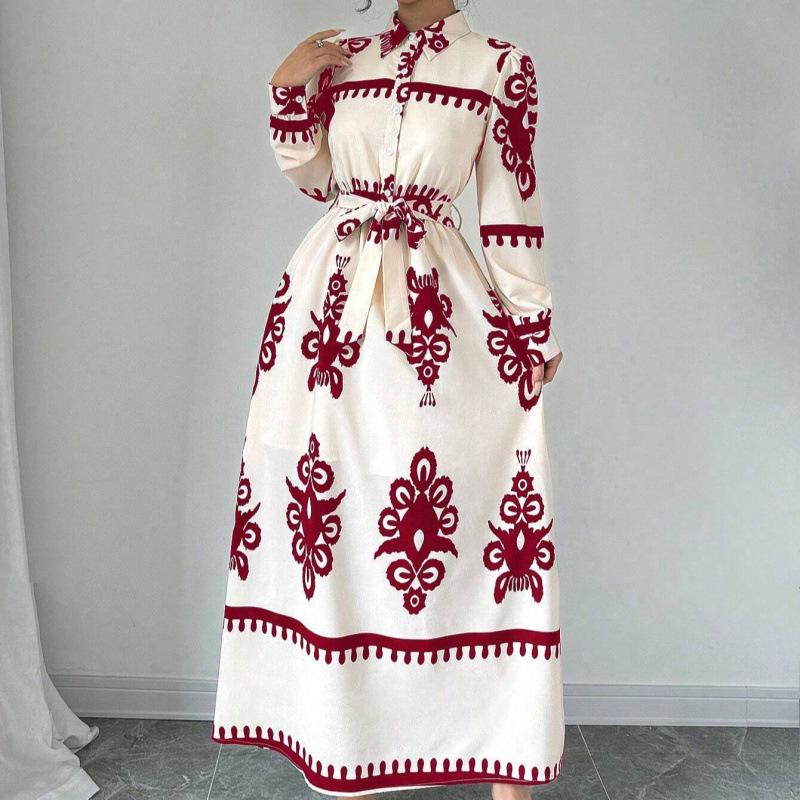 Live Shot 2025 European and American Fashion Long Sleeve Waist-Gathering Print Shirt Dress