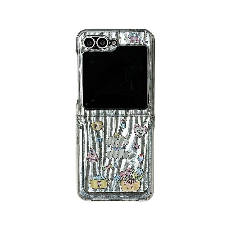 Korean Cute Cat Puppy Phone Case For Samsung Galaxy Z Flip 6 5 4 3 Cover with Chain Stand Holder Kawaii Cartoon Hard Cases Flip6