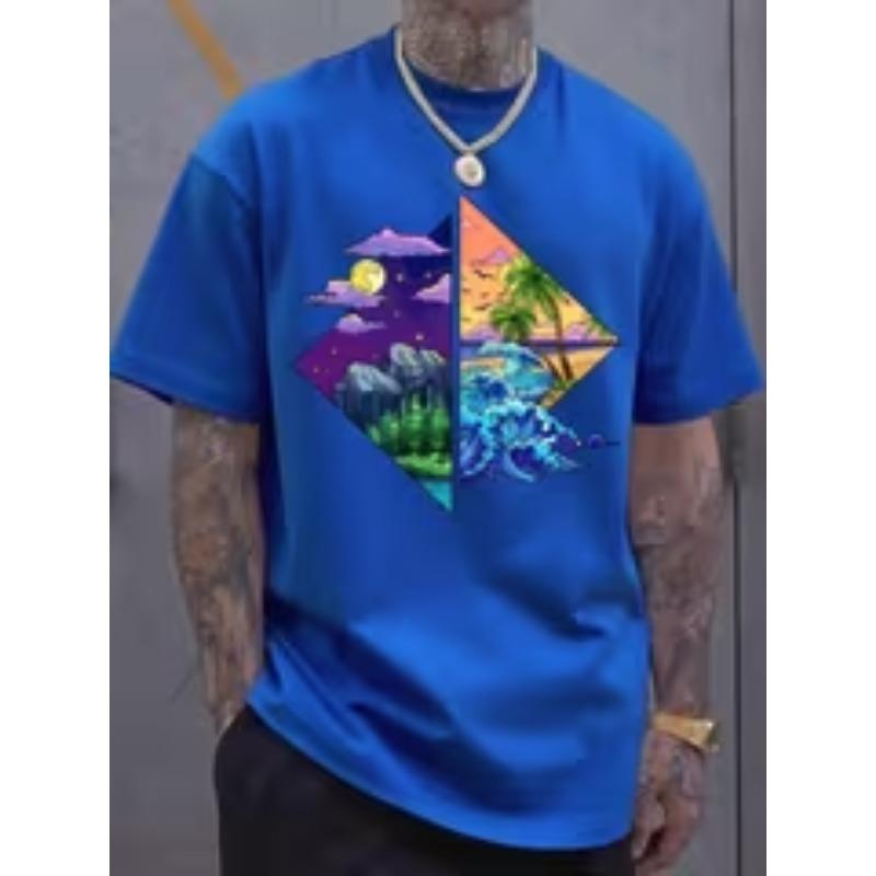 Men s casual sports fashion short sleeves, trendy graphic prints, elastic and comfortable, suitable for sports, travel and casual daily wear S