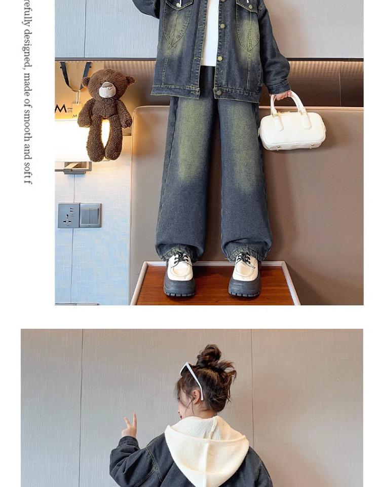 2025 Girls' Fleece-Lined Denim Two-Piece Set - Trendy Autumn/Winter Fashion for Middle and Big Kids