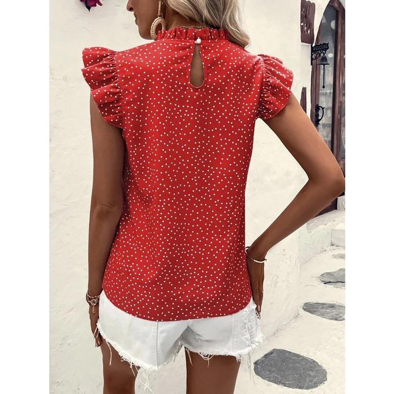 Moda damă ocazional vară primăvară cu buline imprimeu cu mânecă scurtă cu decolteu O bluze și cămăși