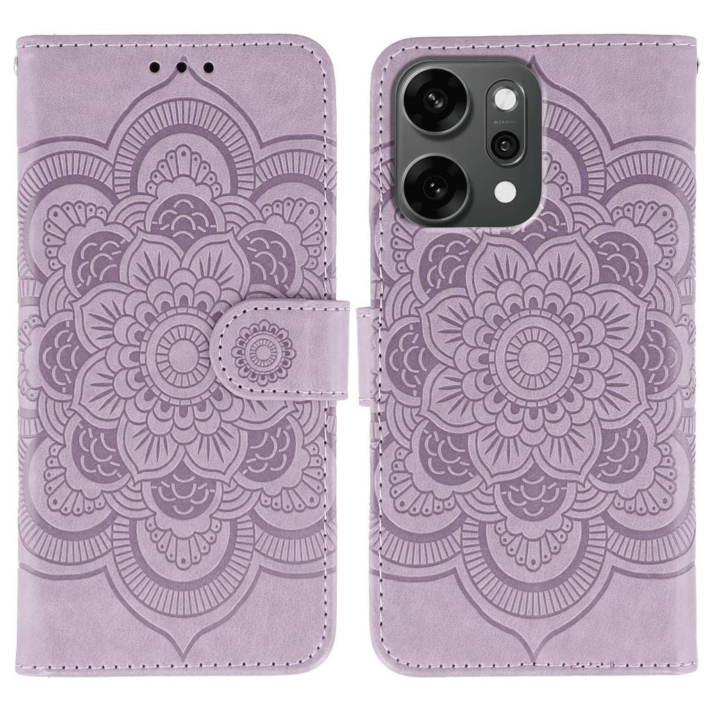 For Oppo Reno14 Pro 5G (Global) Case PU Leather Mandala Imprinted Design Wallet Phone Cover with Wrist Strap