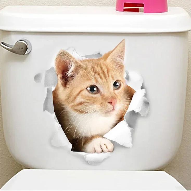 Lebendige 3D Loch Lustige Katze Hund Toilettenaufkleber DIY WC Waschraum Heimdekoration Niedliches Kätzchen Welpe Haustiere Wandkunst Aufkleber
