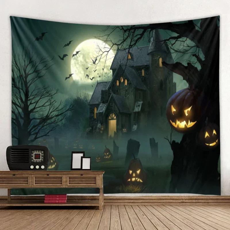 Ghost Horror Pumpkin Skull Bat Castle Halloween Tapestry Art Blanket Door Curtain Hanging Decoration Home Bedroom Living Room
