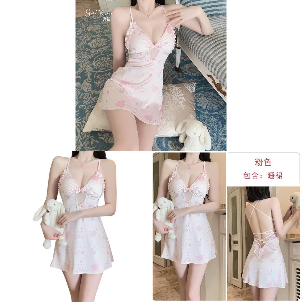 Cartoon Floral Satin Sleepwear Set With Backless Design For Women