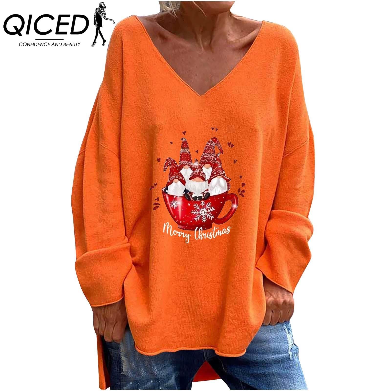 

QICED Осень-зима женская однотонная свободная повседневная удобная футболка с v-образным вырезом и длинным рукавом S