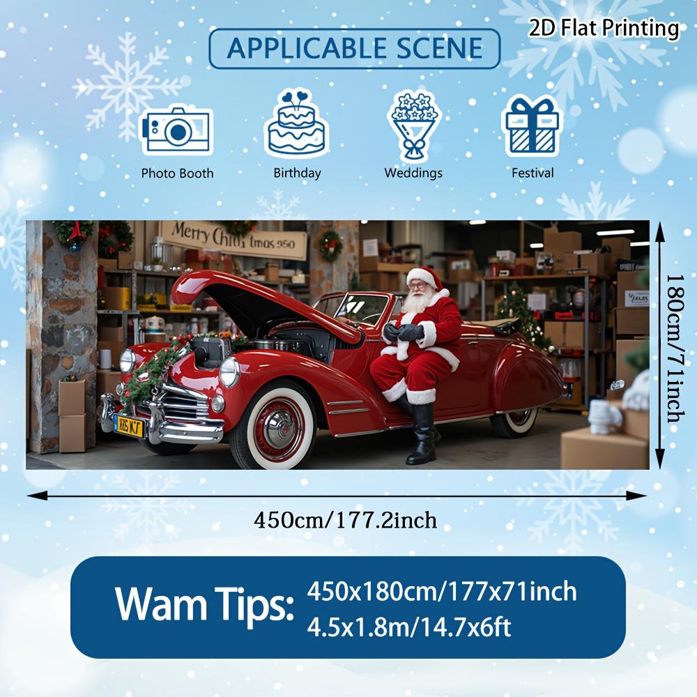 2D flat, 2D door banner, 1pc retro 1950s red and white classic car Christmas banner with Santa Claus and retro garage door 130x150cm