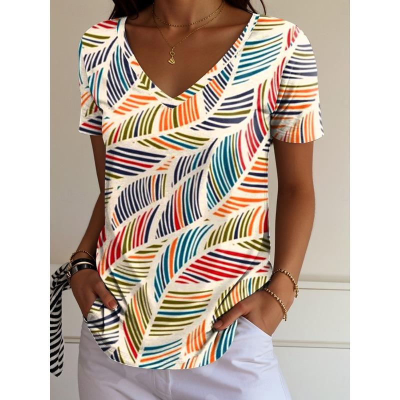 Women's Trendy T-Shirt Flowers Graphics Fashion Short Sleeved V-Neck Regular Tops Daily Print Tee Summer Y2K Casual Tops