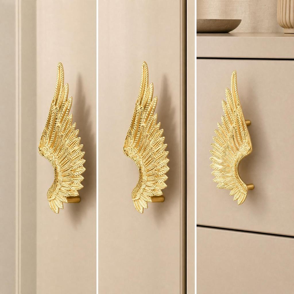Angel Wing Cabinet Handle Unique BrassFinish Drawer Pull Decorative FeatherTextured Wardrobe
