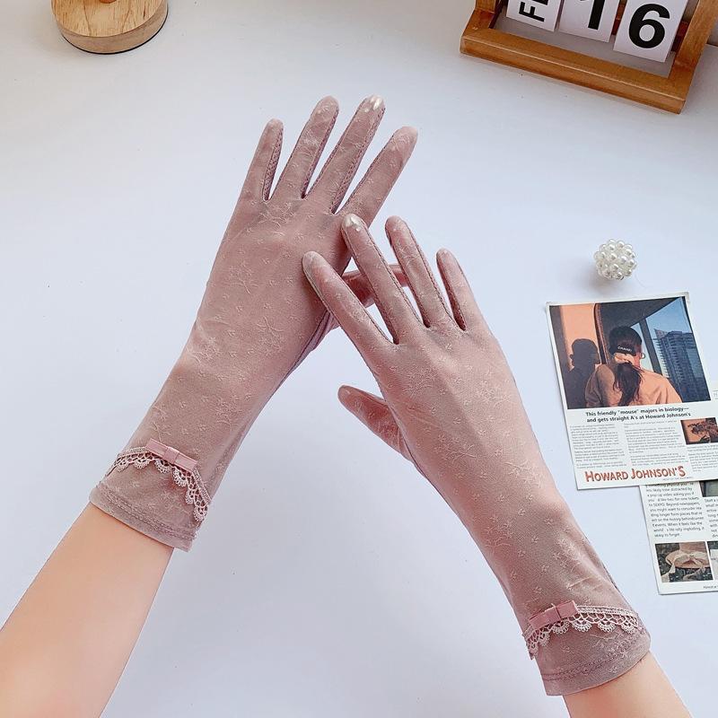 Sunscreen Gloves for Women's Thin Driving Anti Slip Ice Silk Breathable Medium Length Driving Riding Lace Touch Screen Gloves