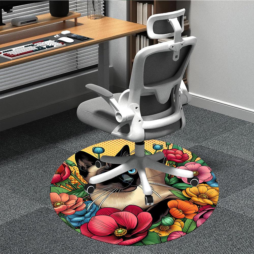 1pc Cat Floral Decor Office Round Rug, Carpet for Office, Gaming, Lightweight Round Floor Mat yy260208083