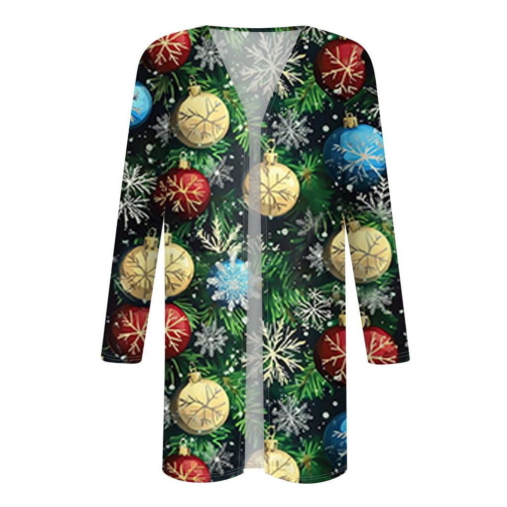 Women's Fashionable And Casual Christmas Printed Mid Length Cardigan Long Sleeved Jacket